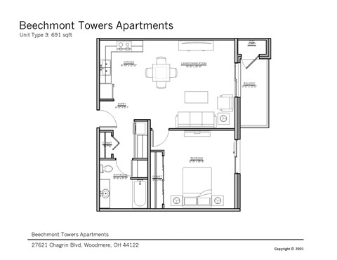 Floor plan for 1 bed, 1 bath, 691 sqft